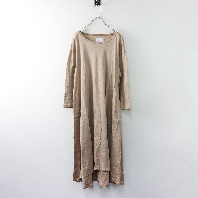 美品 ミディウミソリッド MIDIUMISOLID ストレッチコットンAラインフレアシルエット長袖ワンピース F/■ベージュ ドレス【2400014105988】