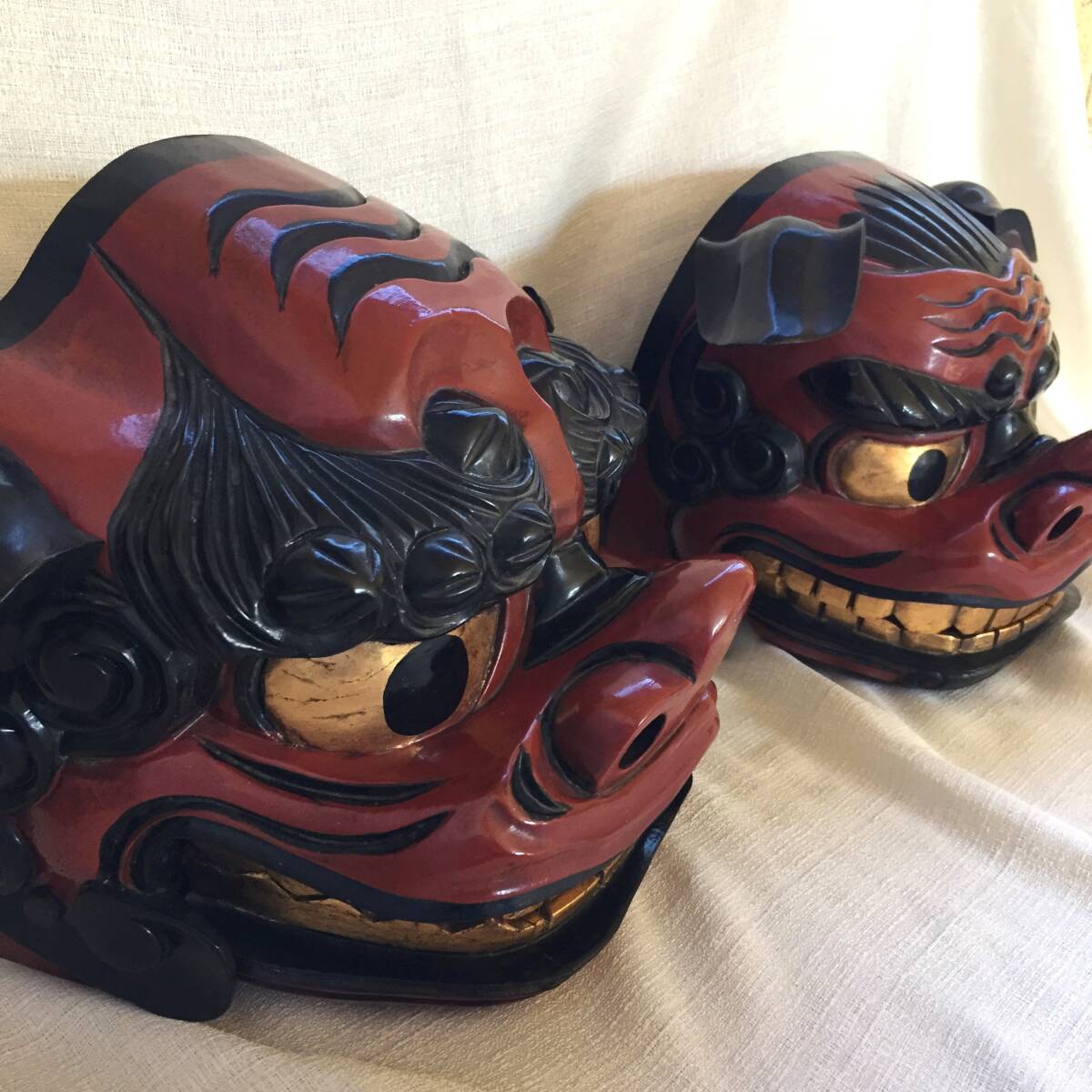 獅子頭 獅子舞 雄•雌 縁起物 実物木彫 - 工芸品 獅子頭 獅子舞 雄•雌 縁起物 実物木彫 - 工芸品