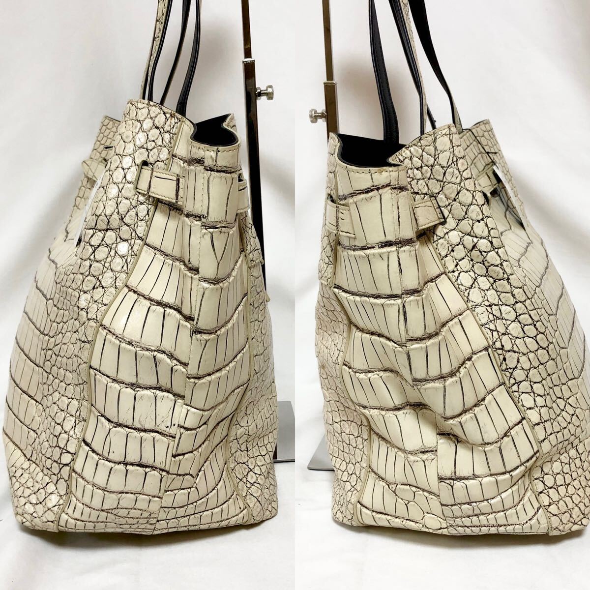 目地染め/美品】マットクロコダイル 大容量 トートバッグ バニラ 目地染め/美品】マットクロコダイル 大容量 トートバッグ バニラ