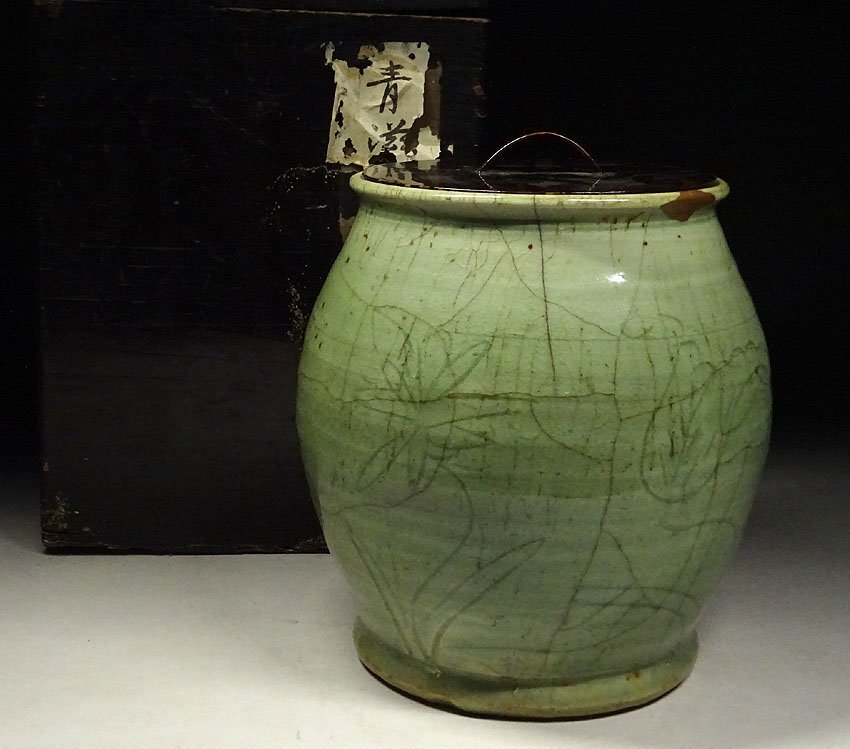 緑屋h□ 中国古玩 龍泉窯 七官青磁 壺 蓋付 木箱 唐物 時代物 i9