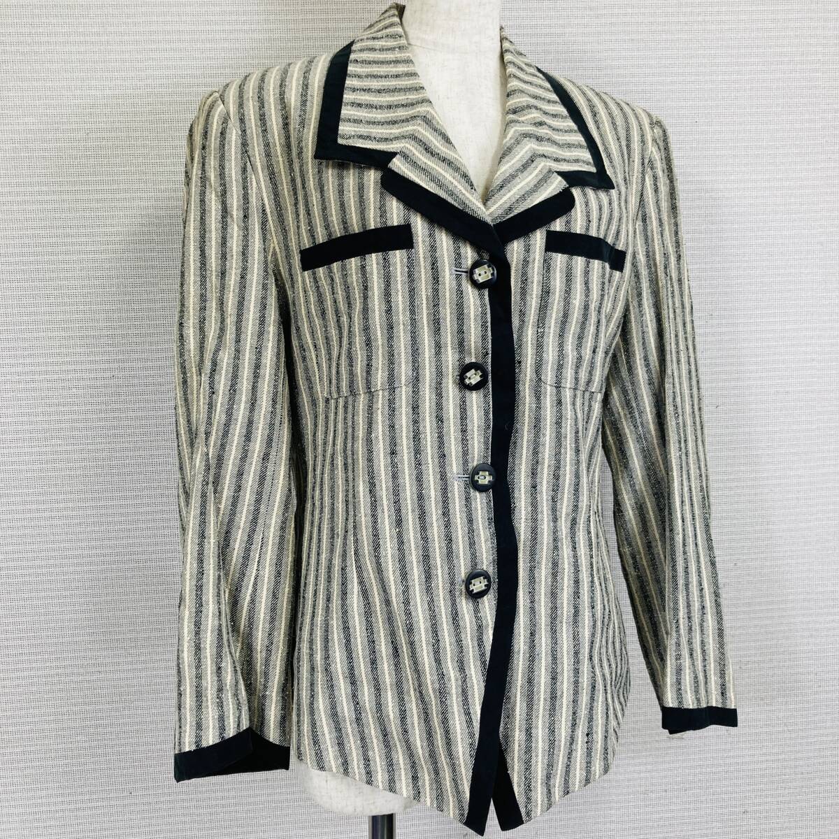 【2189】レディース Jasmi SILK ジャスミシルク ストライプ シルク グレー（灰） L クラシック レトロフューチャースタイル パイピング