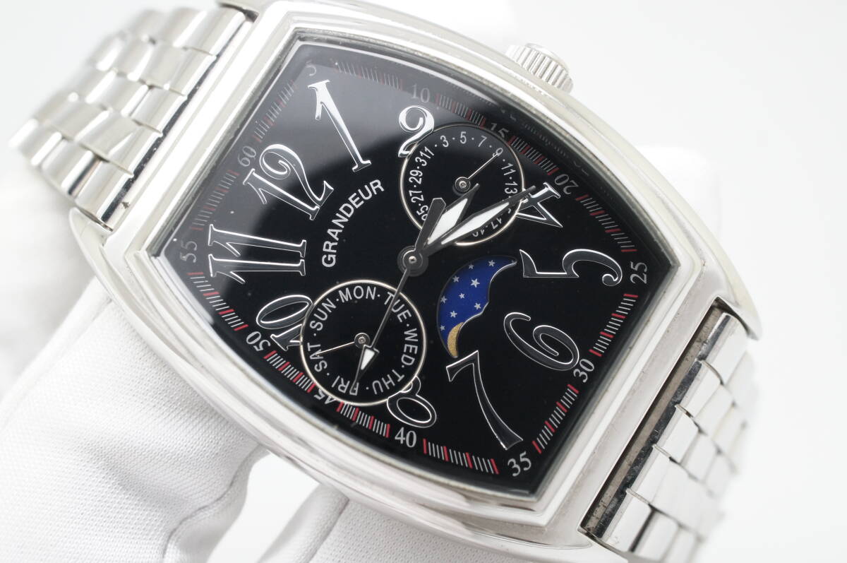 L49* работа хороший GRANDEUR Grandeur moon phase tonneau type чёрный циферблат дата мужские наручные часы серебряный модный кварц 