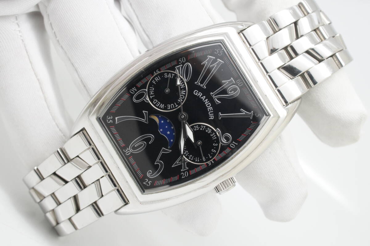 L49* работа хороший GRANDEUR Grandeur moon phase tonneau type чёрный циферблат дата мужские наручные часы серебряный модный кварц 