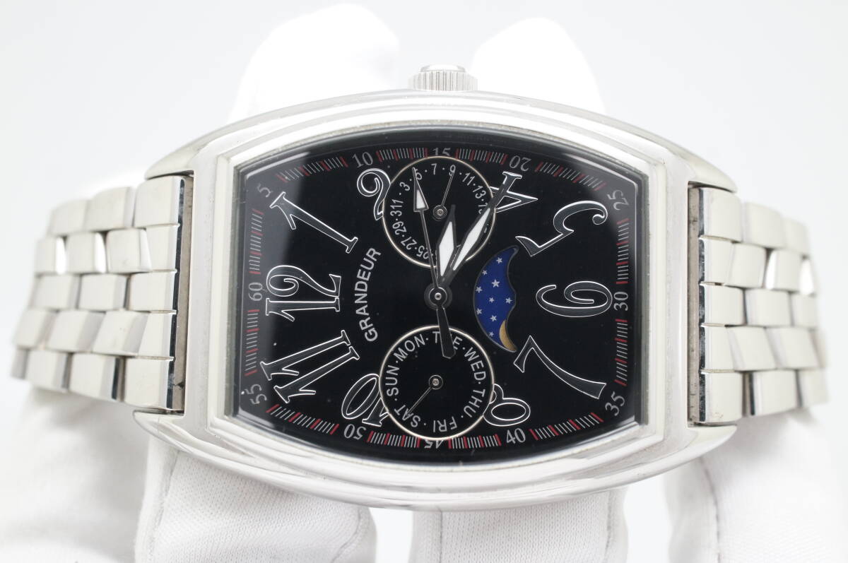 L49* работа хороший GRANDEUR Grandeur moon phase tonneau type чёрный циферблат дата мужские наручные часы серебряный модный кварц 
