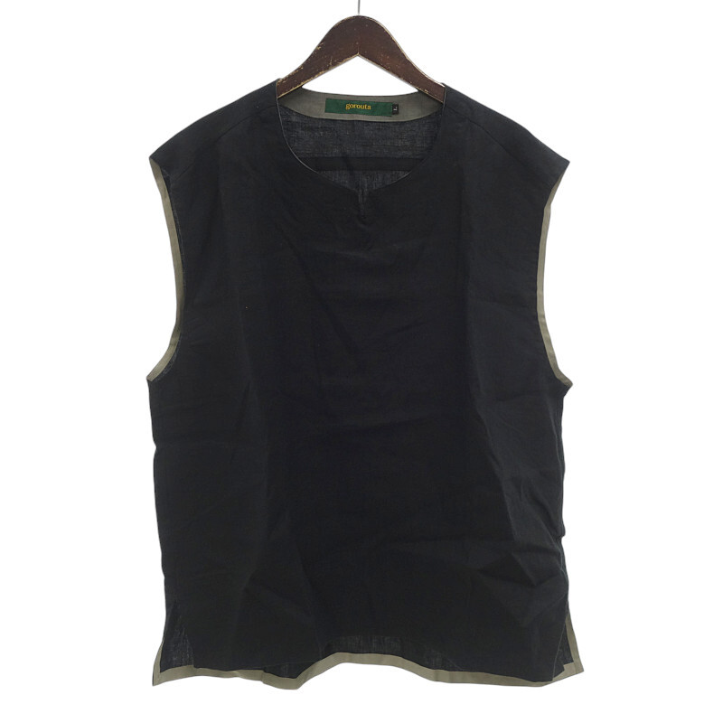 【特別価格】GOROUTA リネン ノーカラー スキッパー プルオーバー Tシャツ シャツ ブラック サイズ メンズL