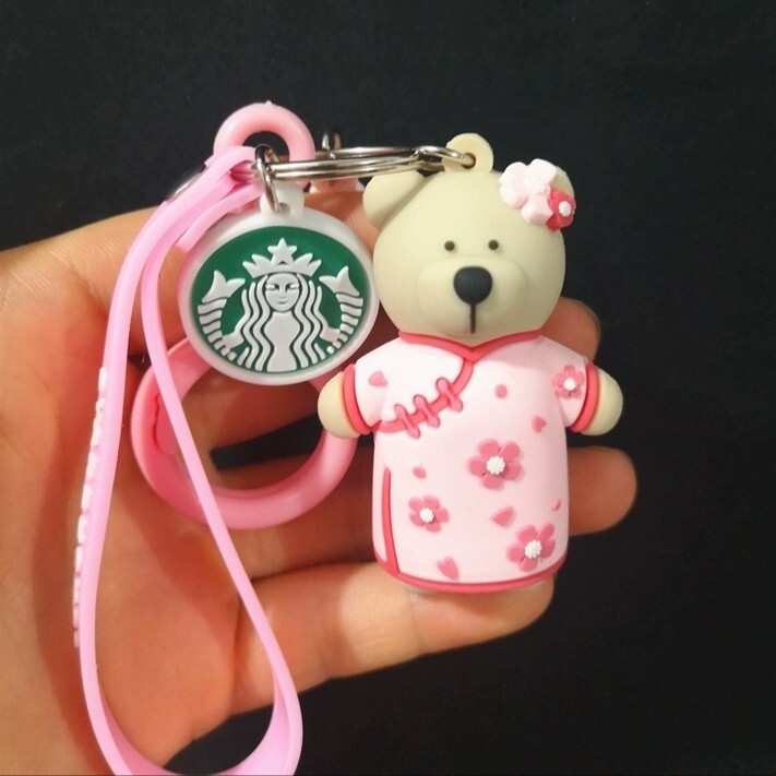 スタバ ベアブリック キーホルダー ピンク ストラップ付き