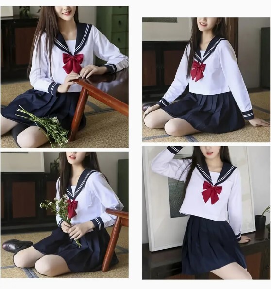 送料無料【新品】長袖セーラー服上下セットS　黒　学生服JK女子高生　アジャスター付きプリーツスカート/リボンタイも調整OK　コスプレ衣装