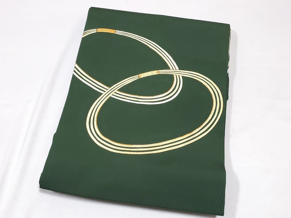 送料無料 塩瀬 ライン模様 金駒刺繍 金彩 緑 太鼓 正絹 フォーマルな名古屋帯 仕立て上がり リサイクル