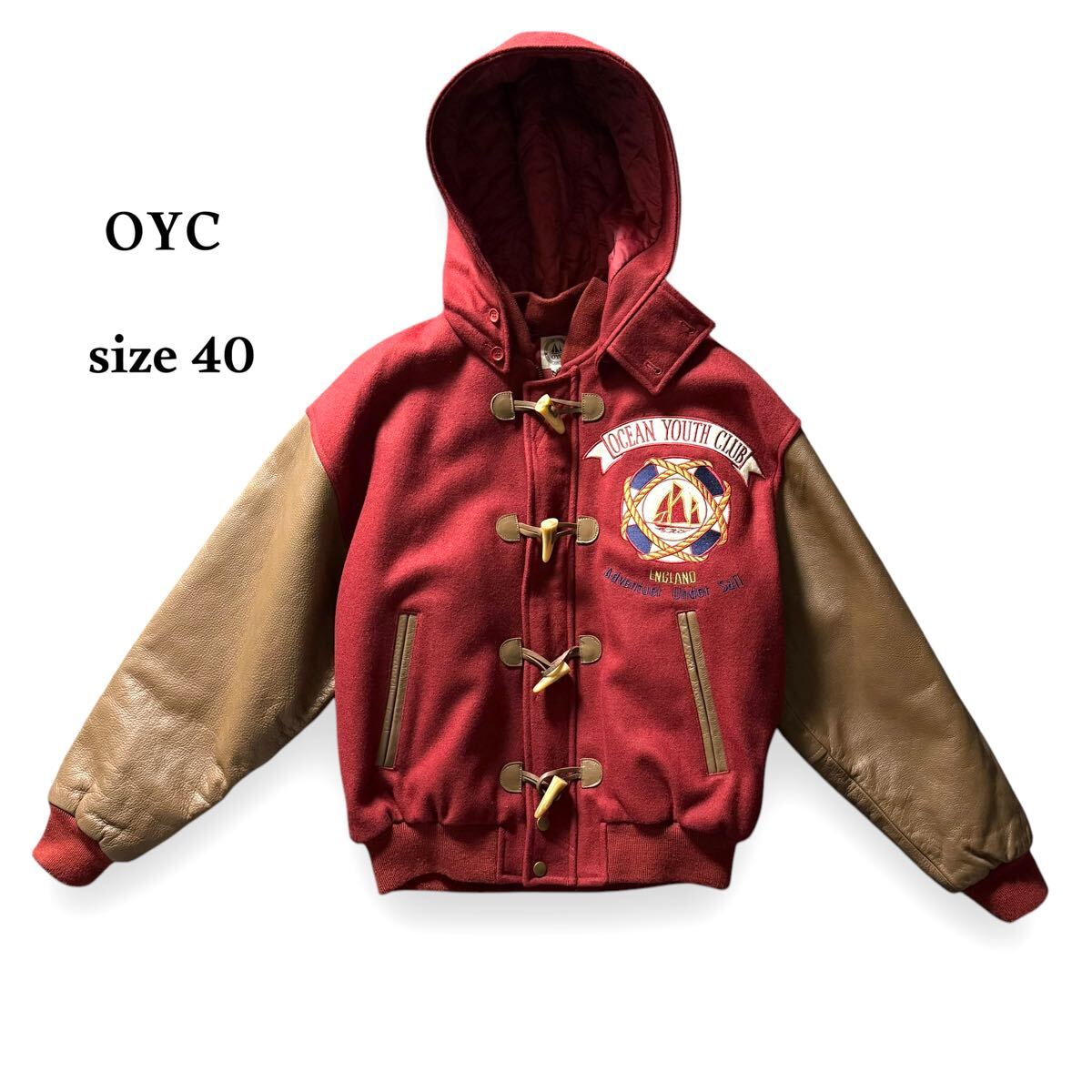 OYC OCEAN YOUTH CLUB オーシャンユースクラブ 2way スタジャン 中綿 キルティング ウール 牛革 袖革 えんじ色 アウター サイズ 40