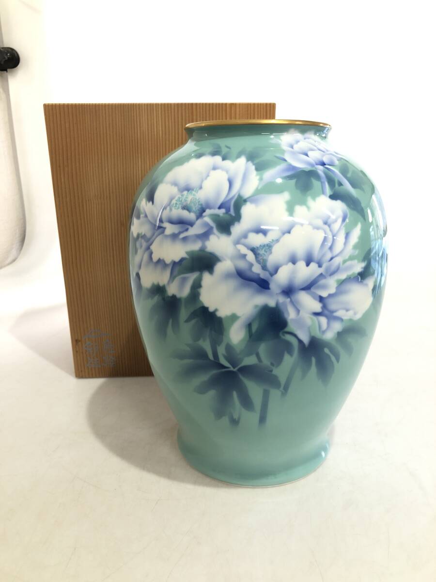 深川製磁 内庁御用達 紅白牡丹六角瑠璃色花瓶 わざとらしい 金彩 深川製磁 内庁御用達 紅白牡丹六角瑠璃色花瓶 わざとらしい 金彩
