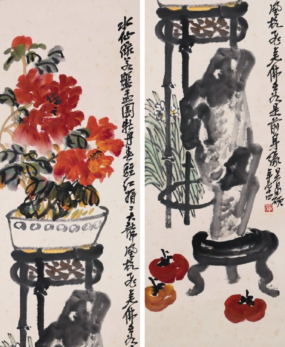ZW00009 中国画 古美術 唐物 呉昌碩博古図 掛け軸 真筆逸品 肉筆 ZW00009 中国画 古美術 唐物 呉昌碩博古図 掛け軸 真筆逸品 肉筆