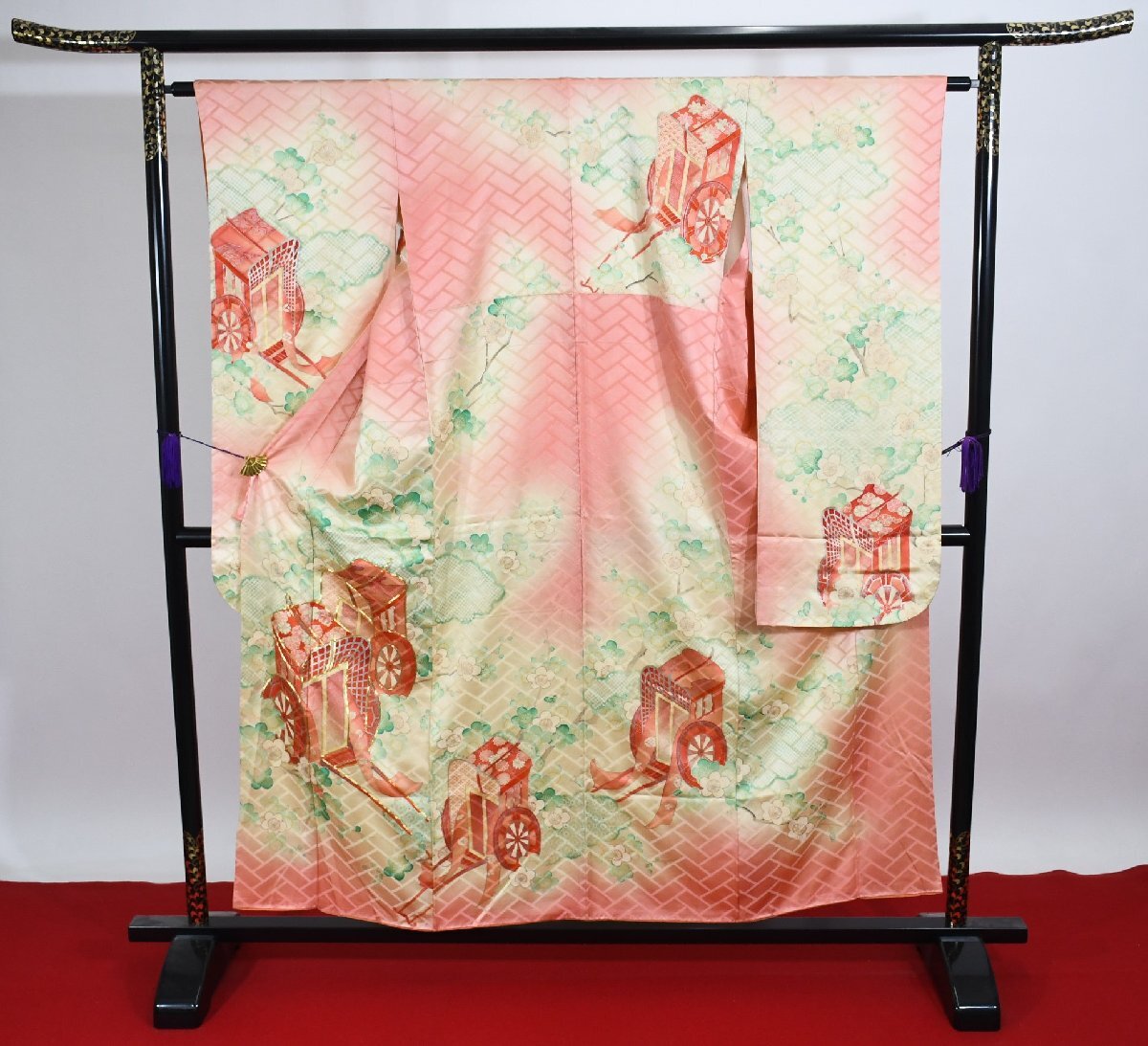 振袖 成人式 結婚式 御所車 枝梅 花 リメイク素材 身丈149cm 裄丈６３cm ★着物 f-1014 桜庭呉服店