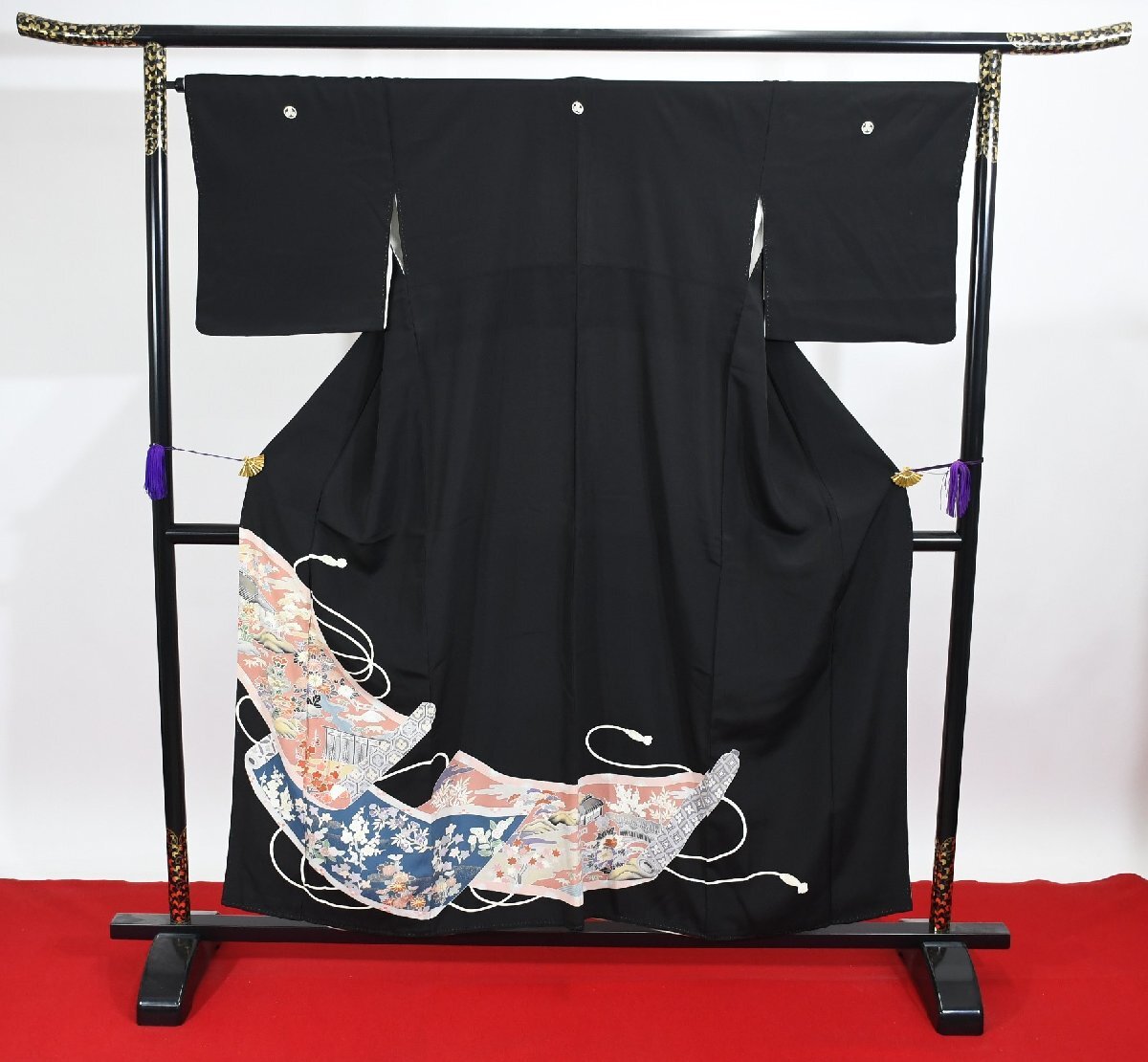 黒留袖 結婚式 巻物 風景 身丈148cm 裄丈67cm ★着物 e-1206 桜庭呉服店