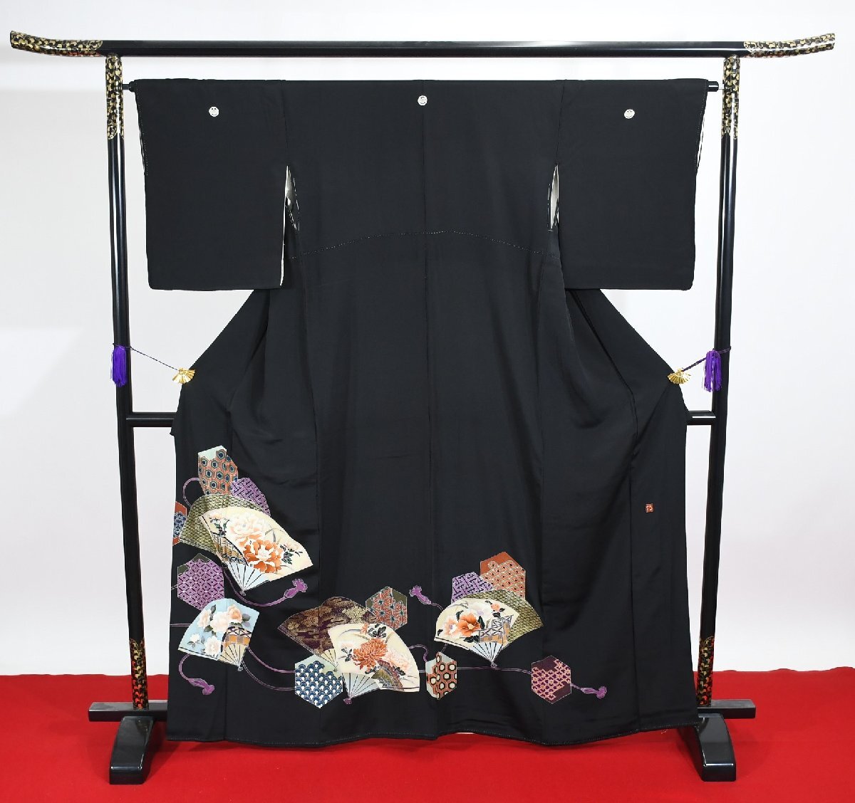 黒留袖 結婚式 扇 リメイク素材 身丈157cm 裄丈66cm ★着物 e-1177 桜庭呉服店