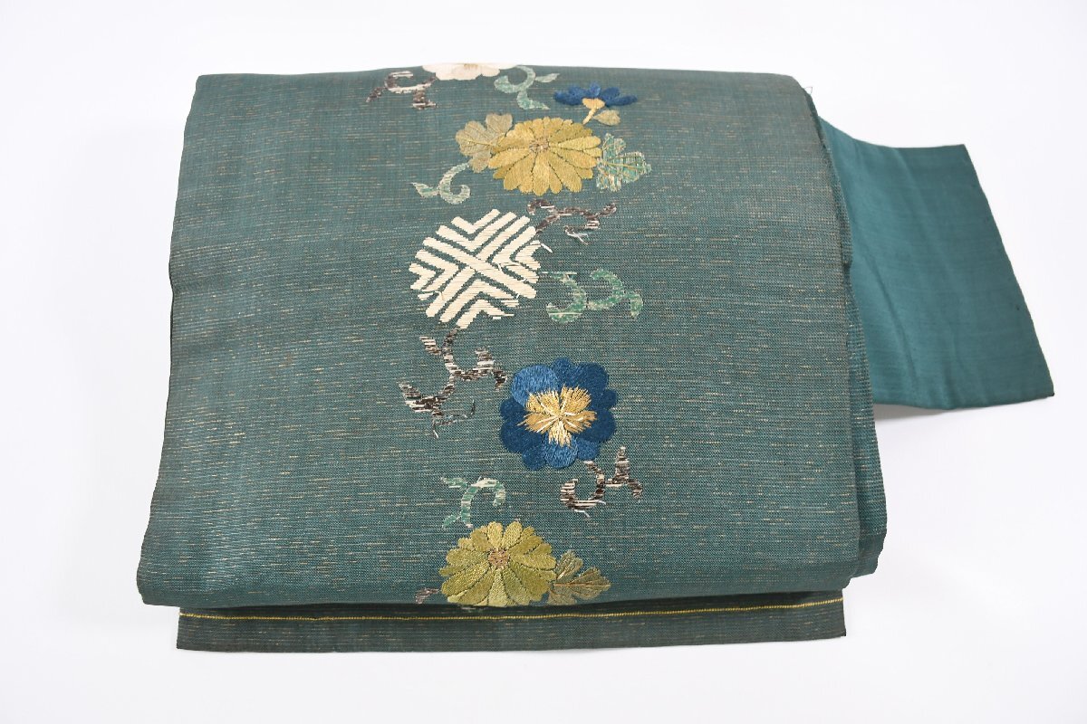名古屋帯 アンティーク 刺繍 花 帯丈346cm ★着物屋 ne-13536 桜庭呉服店