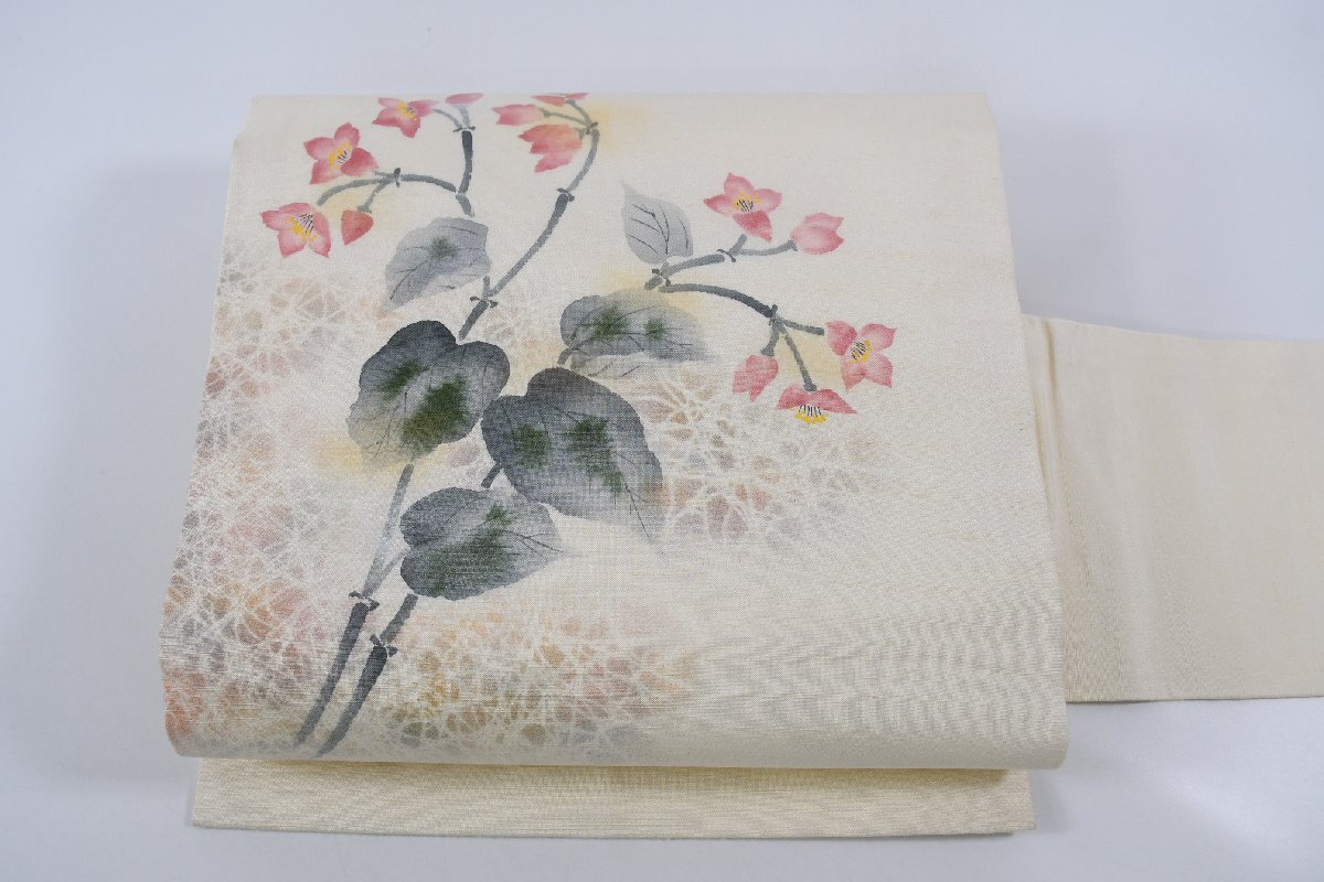 名古屋帯 紬地 落款 手描き 秋草 花 帯丈386cm ★着物屋 ne-13551 桜庭呉服店
