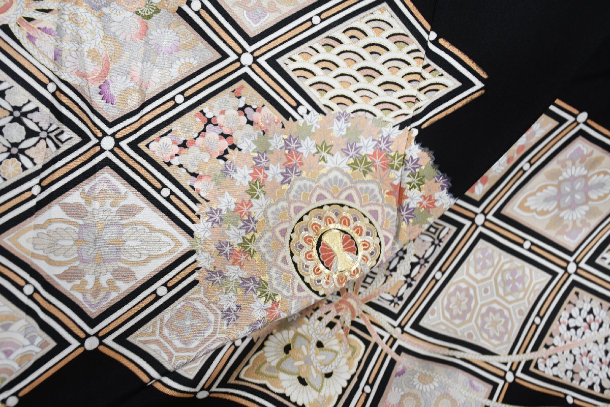 黒留袖 結婚式 菱文 花 身丈154cm 裄丈65cm ★着物 e-1155 桜庭呉服店_画像4
