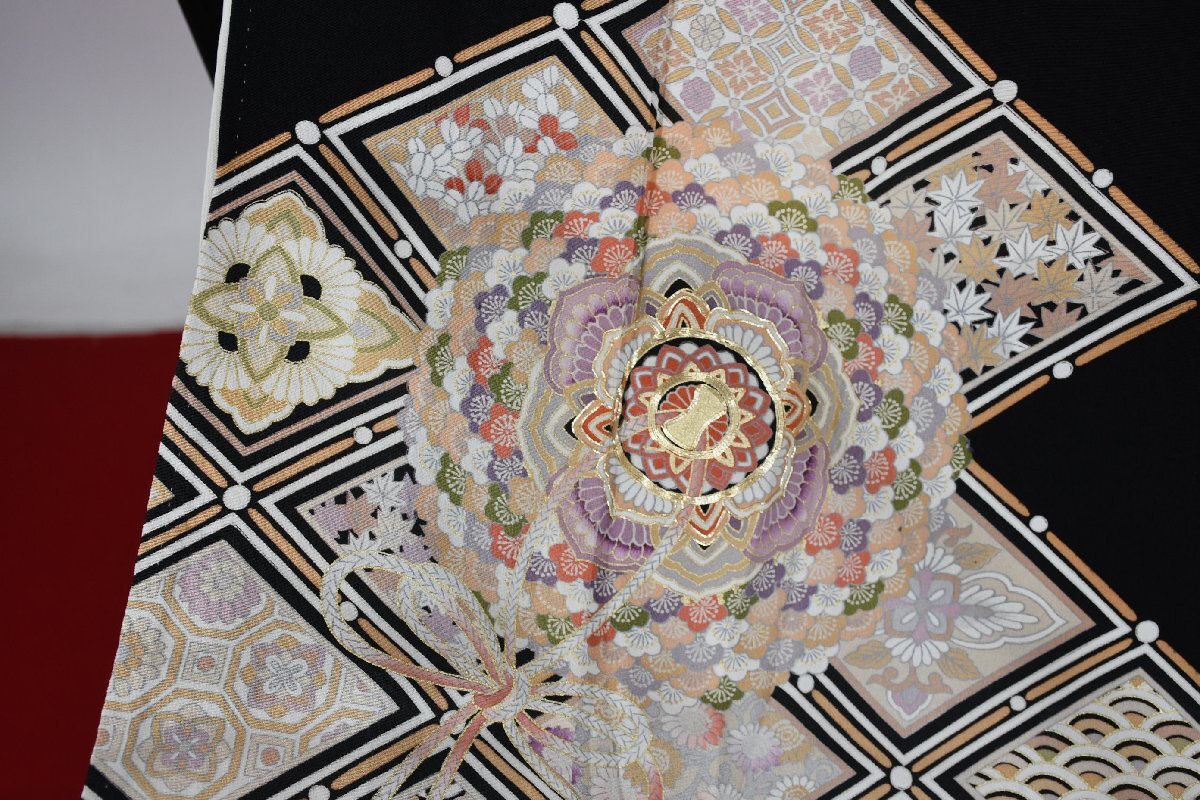 黒留袖 結婚式 菱文 花 身丈154cm 裄丈65cm ★着物 e-1155 桜庭呉服店_画像3