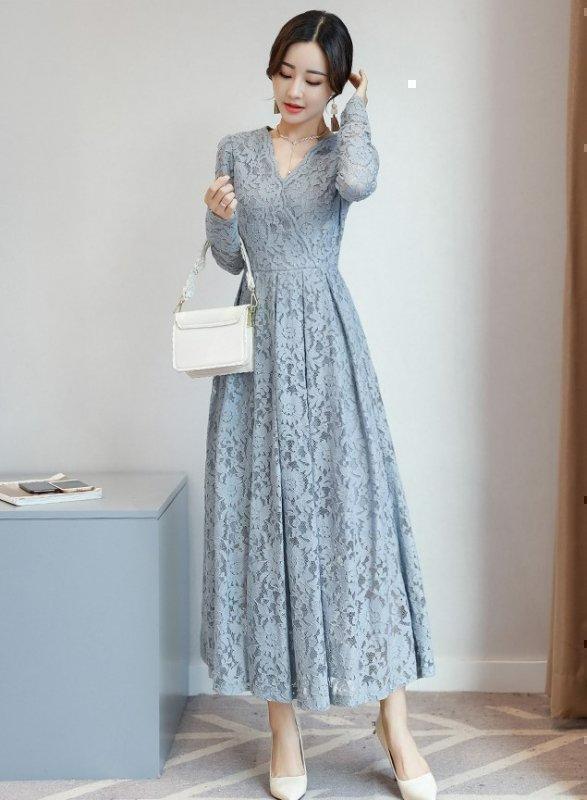 M 総レース ワンピース ロング丈ドレス 大きいサイズ 袖あり 長袖 ゆったり 春 夏 秋 冬 ファッション かわいい レディース