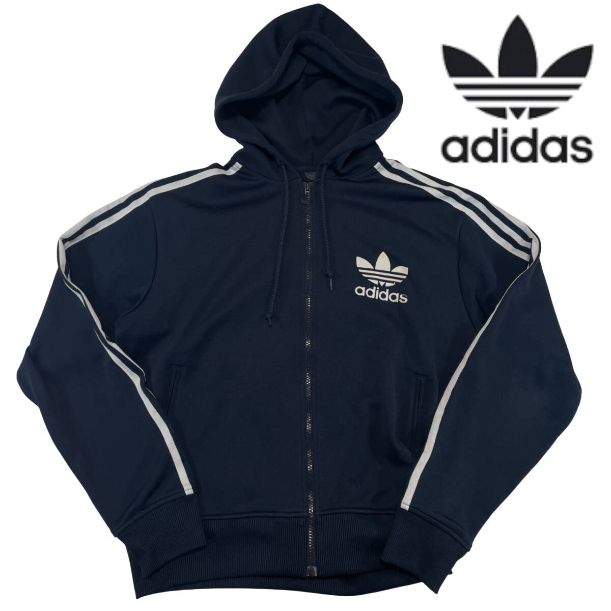 adidas アディダス 938005 ジップアップ パーカー (0サイズ) フーディー トレフォイル トラックジャケット ジャージ ネイビー 万国旗タグ