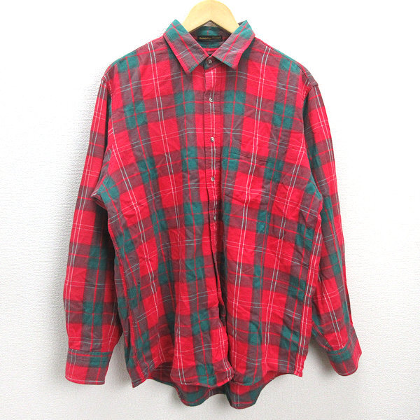 Q■USA製 黒タグ■エディーバウアー/EDDIE BAUER Bainbridge Flannelチェック柄 長袖ネルシャツ■赤【メンズL】MENS/レトロ/22【中古】