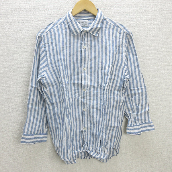 H■アーバンリサーチ/URBAN RESEARCH ストライプ柄 七分袖リネンシャツ【L】水色/MENS■139【中古】