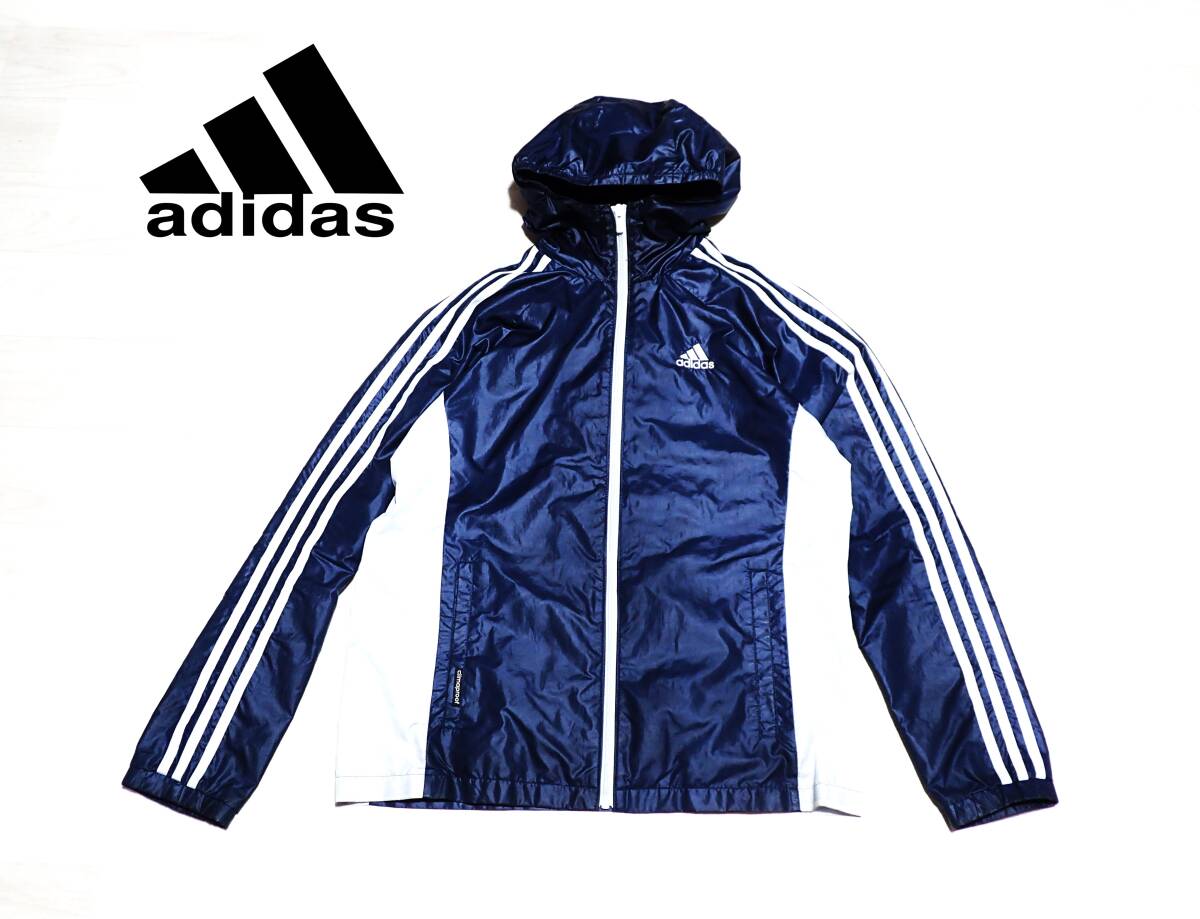 ☆adidas　☆アディダス　☆スポーツウエア　☆フード付き　☆ウインドブレーカー　☆ナイロンジャケット　☆裏メッシュ生地　☆ネイビー