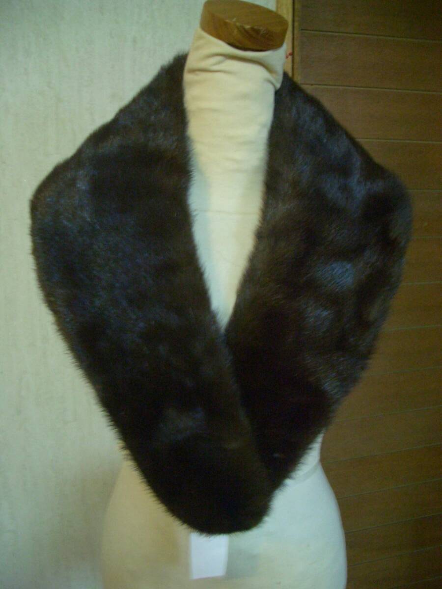ミンクMINK*濃いブラウンクリップ付高級ショールマフラー美品*NO45*長さ105センチ