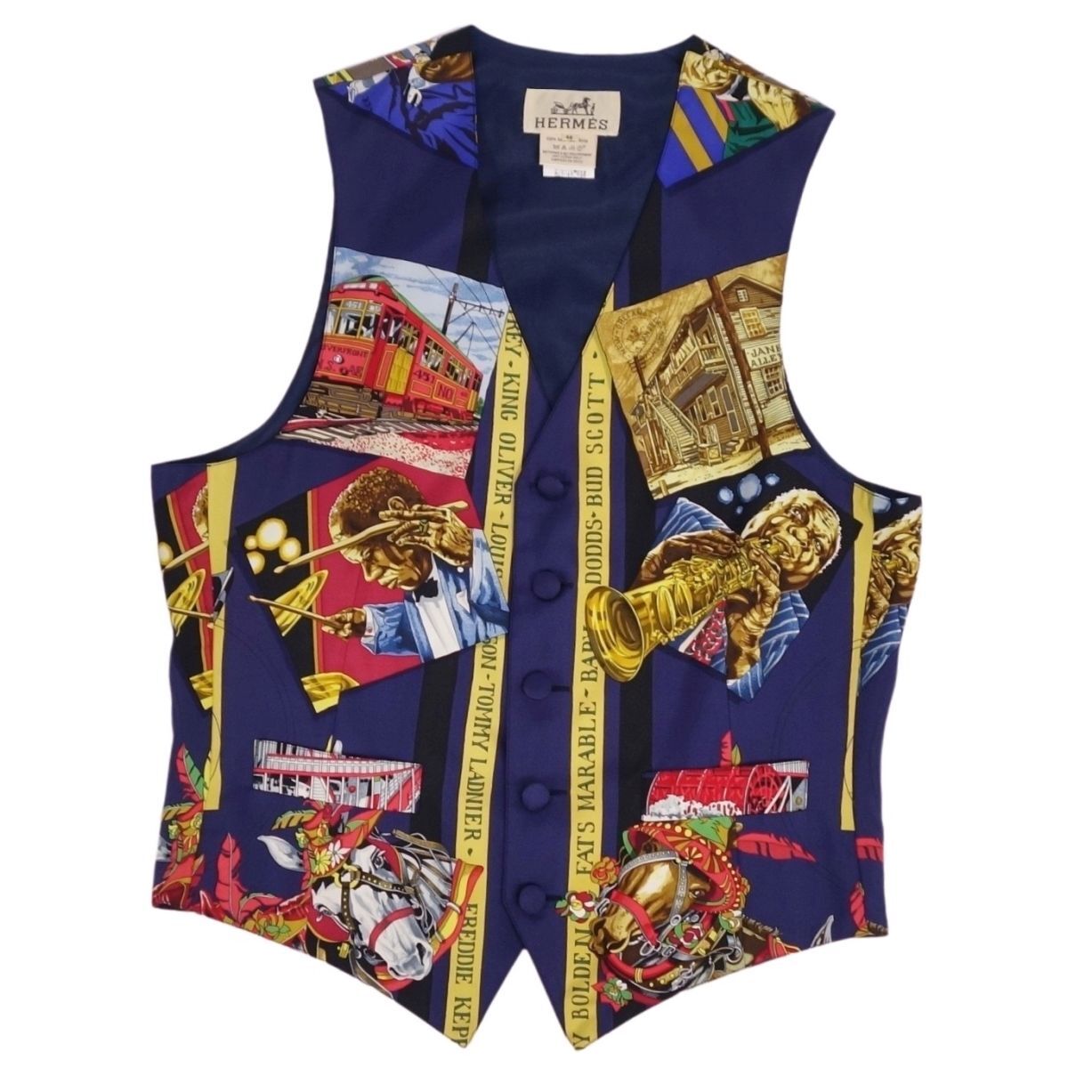 美品 Vintage エルメス HERMES ベスト ジレ 総柄 NEW ORLEANS THE ORIGINAL CREOLE JAZZ シルク トップス メンズ 46(S) cf11db-rm10f12374