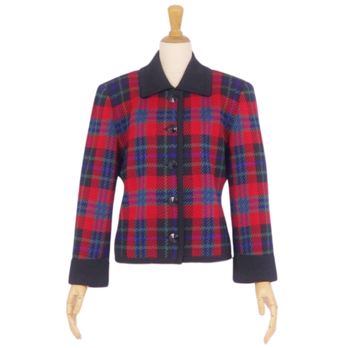 美品 Vintage イヴサンローラン Yves Saint Laurent ニット ジャケット ボタンフライ チェック柄 アウター レディース M cf11db-rm20f12406