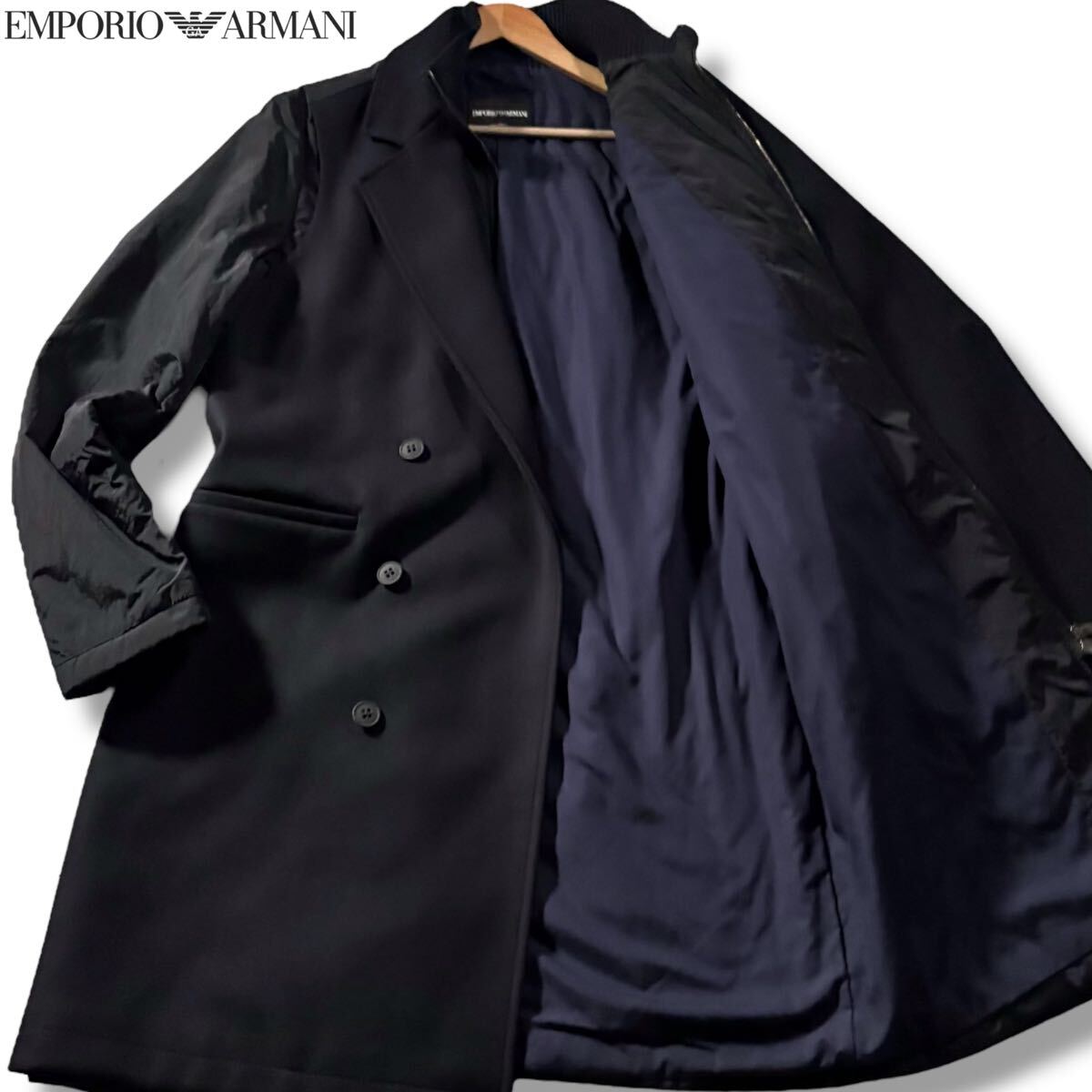 極美品/Lサイズ●エンポリオ アルマーニ ナイロン切替 ドッキング チェスターコート ロング丈 EMPORIO ARMANI 裏地ネイビー系 ブラック 50