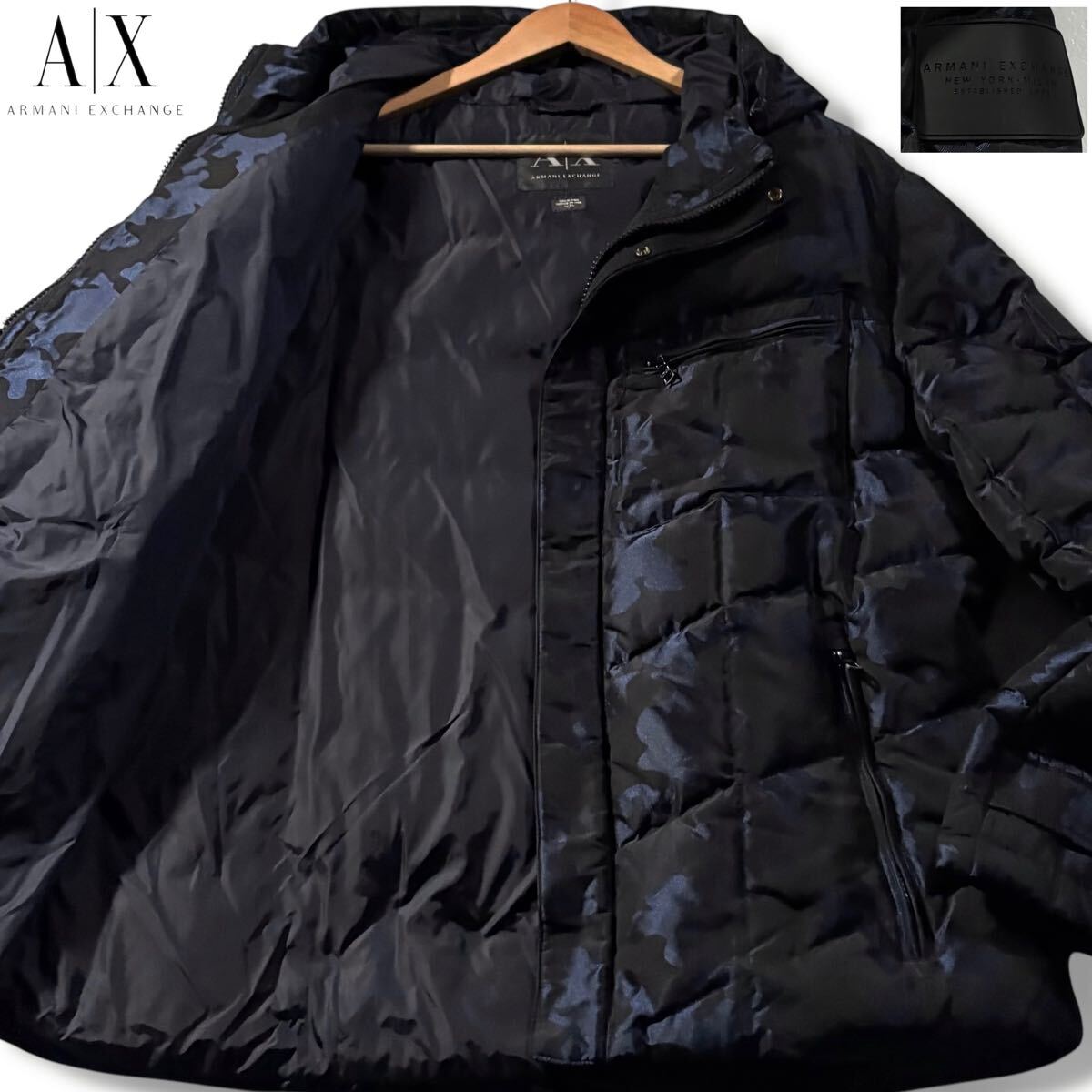 極美品/XLサイズ●アルマーニ エクスチェンジ ダウンジャケット アウター ARMANI EXCHANGE 総柄 カモフラ 迷彩 肩ロゴワッペン 洗濯可◎