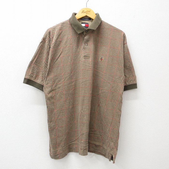 【30%OFF】L/古着 トミーヒルフィガー 半袖 ブランド ポロ シャツ メンズ 90s コットン ベージュ他 カーキ チェック 24aug05 中古 トッ 3OF