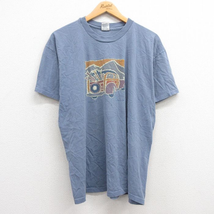 【50%OFF】XL/古着 半袖 ビンテージ Tシャツ メンズ 90s 車 コットン クルーネック 薄紺 ネイビー 23jul22 中古 5OF