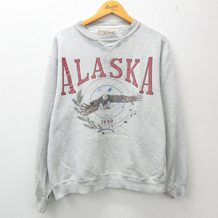【50%OFF】XL/古着 長袖 スウェット メンズ 00s ワシ アラスカ ボロ クルーネック グレー 霜降り 23may27 中古 スエット トレーナー ト 5OF