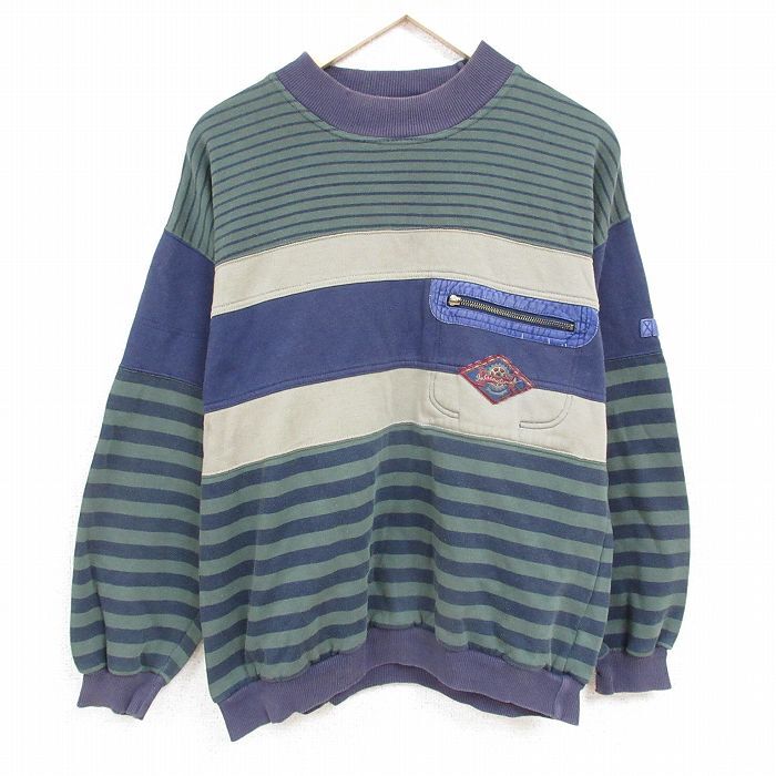 【30%OFF】XL/古着 TODAYS NEWS 長袖 スウェット メンズ 90s マルチカラー クルーネック 緑他 グリーン ボーダー 24jan20 中古 スエッ 3OF