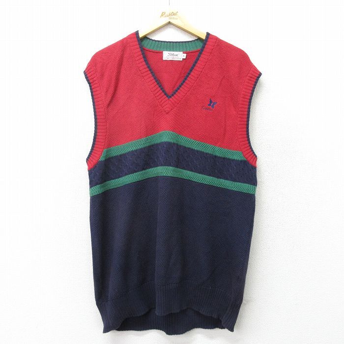 【30%OFF】L/古着 ニット ベスト メンズ 90s コットン Vネック 紺他 ネイビー 23dec05 中古 トップス 3OF