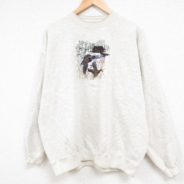 【30%OFF】XL/古着 長袖 スウェット メンズ 00s 鳥 刺繍 大きいサイズ クルーネック 薄グレー 霜降り 23oct21 中古 スエット トレーナ 3OF