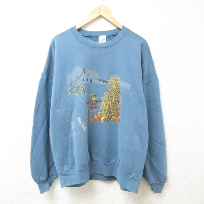 【30%OFF】XL/古着 ジャージーズ 長袖 スウェット メンズ 80s カカシ カボチャ 大きいサイズ クルーネック 薄紺 ネイビー 23oct13 中古 3OF