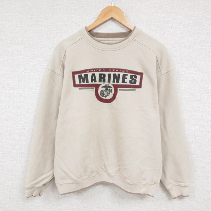 【30%OFF】L/古着 長袖 スウェット メンズ 90s ミリタリー アメリカ 海兵隊員 クルーネック ベージュ カーキ 23dec12 中古 スエット ト 3OF