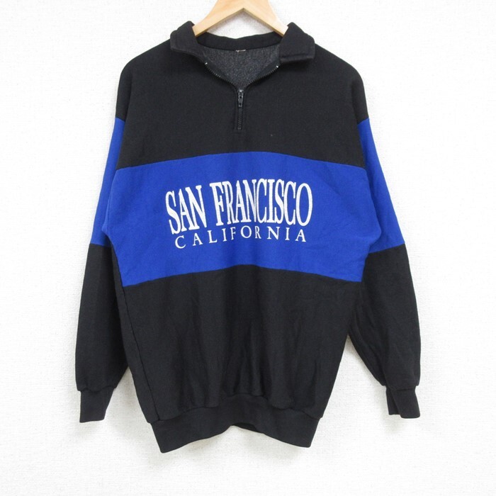 【30%OFF】L/古着 長袖 ハーフジップ スウェット メンズ 90s サンフランシスコ ツートンカラー 黒他 ブラック 24sep19 中古 スエット 3OF