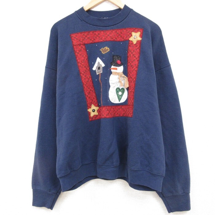 【30%OFF】XL/古着 フルーツオブザルーム 長袖 スウェット メンズ 90s 雪だるま パッチワーク 大きいサイズ クルーネック 濃紺 ネイビ 3OF