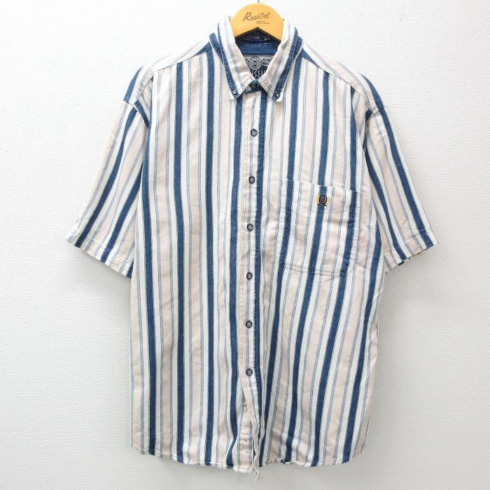 【30%OFF】XL/古着 半袖 シャツ メンズ 00s コットン ボタンダウン 白他 ホワイト ストライプ 24may06 中古 トップス 3OF