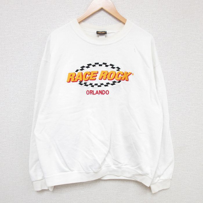 【30%OFF】XL/古着 長袖 スウェット メンズ 90s RACE ROCK オーランド 刺繍 クルーネック 白 ホワイト 23nov30 中古 スエット トレーナ 3OF