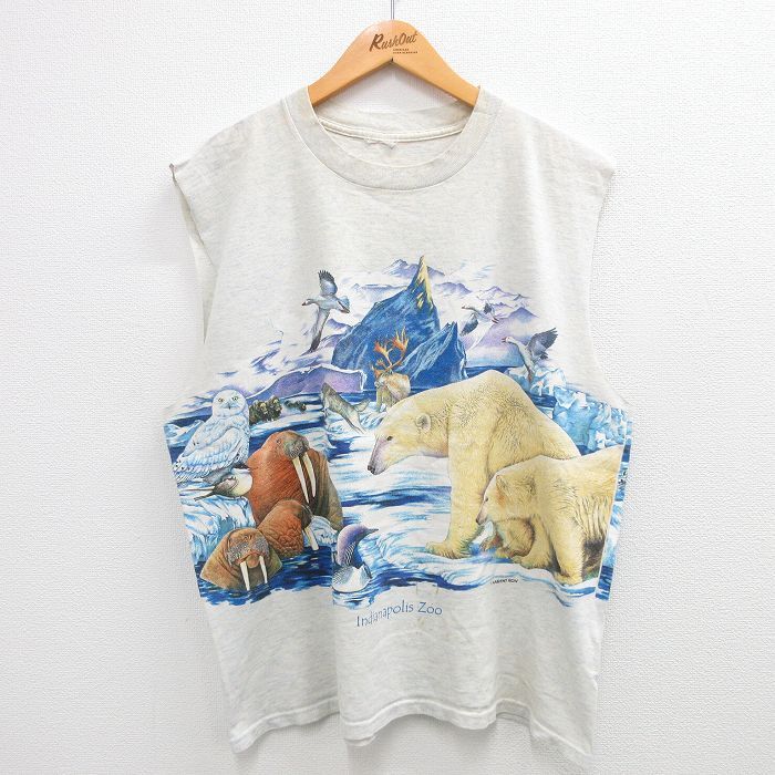 【50%OFF】XL/古着 ビンテージ ノースリーブ Tシャツ メンズ 90s 白くま ホワイト セイウチ クルーネック 白系 霜降り 23aug02 中古 5OF