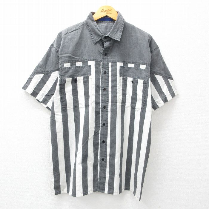 【30%OFF】L/古着 半袖 シャツ メンズ 00s 濃グレー他 ボーダー 24feb24 中古 トップス 3OF