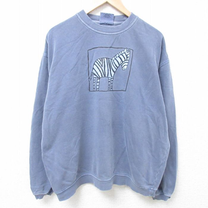 【30%OFF】XL/古着 長袖 スウェット メンズ 00s シマウマ コットン クルーネック 薄紺 ネイビー 24may20 中古 スエット トレーナー ト 3OF