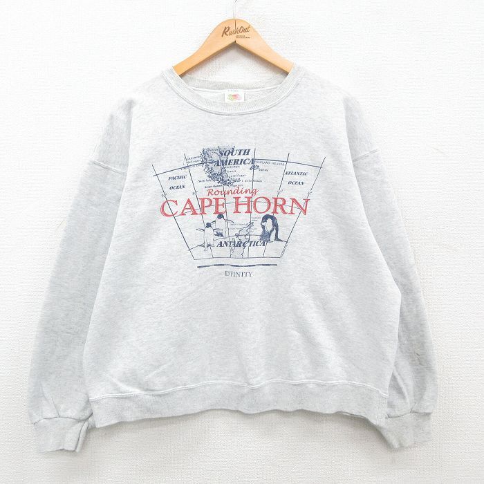 【30%OFF】XL/古着 フルーツオブザルーム 長袖 スウェット メンズ 00s ペンギン 地図 クルーネック 薄グレー 霜降り 24sep12 中古 スエ 3OF