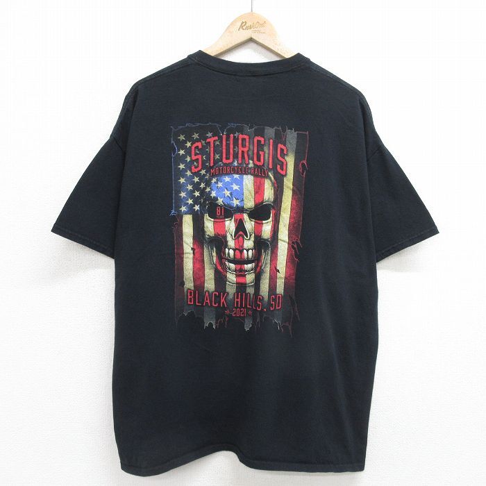 【30%OFF】XL/古着 半袖 Tシャツ メンズ スカル 星条旗 スタージス 大きいサイズ コットン クルーネック 黒 ブラック 24apr19 中古 3OF