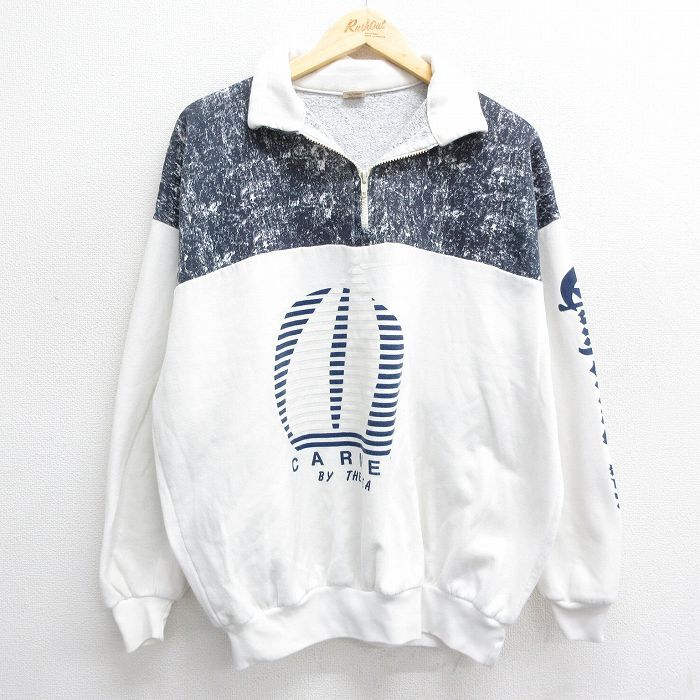 【30%OFF】XL/古着 長袖 ハーフジップ スウェット メンズ 90s CARMEL カリフォルニア 大きいサイズ ツートンカラー 白他 ホワイト 24au 3OF
